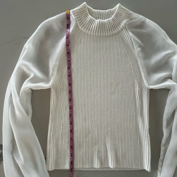 French Connection - Melody Mixed Media Mock Neck Sheer Sleeve White Top - Medium - Picture 7 of 10